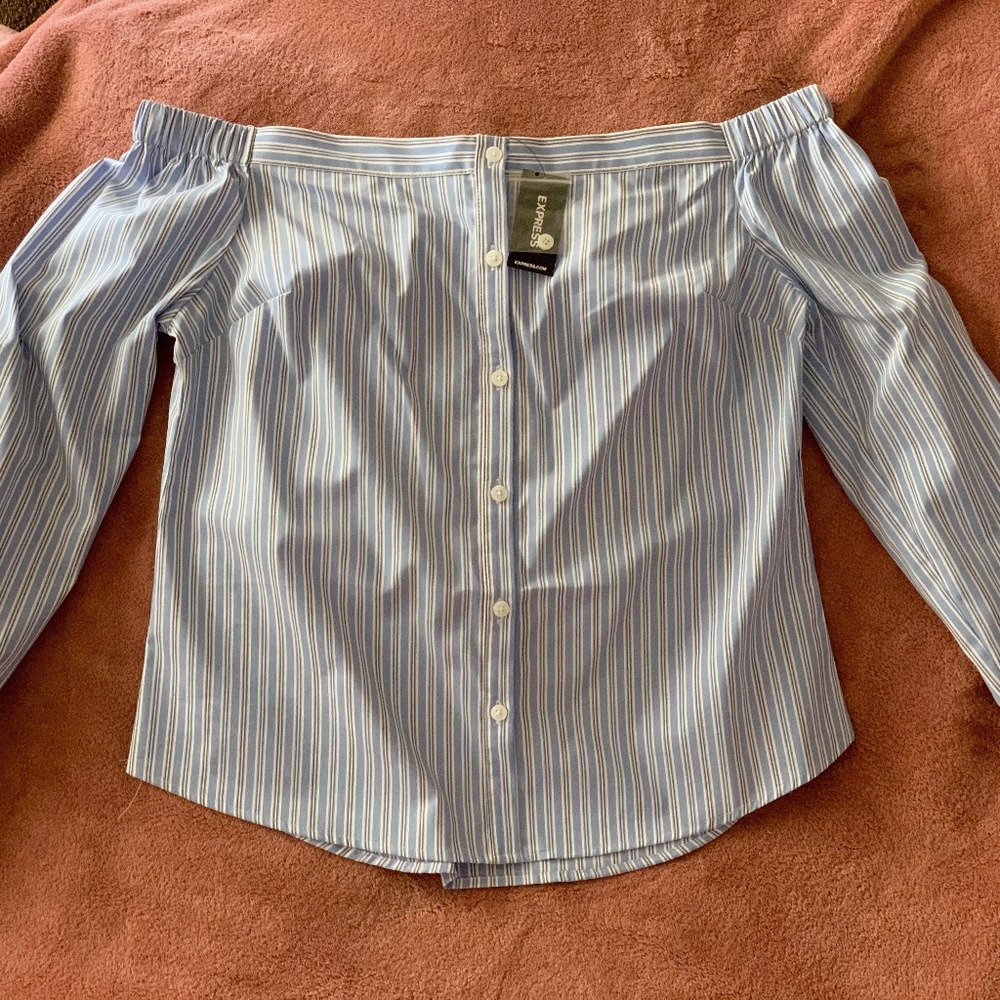 Express Striped Off Shoulder Button Down Blouse